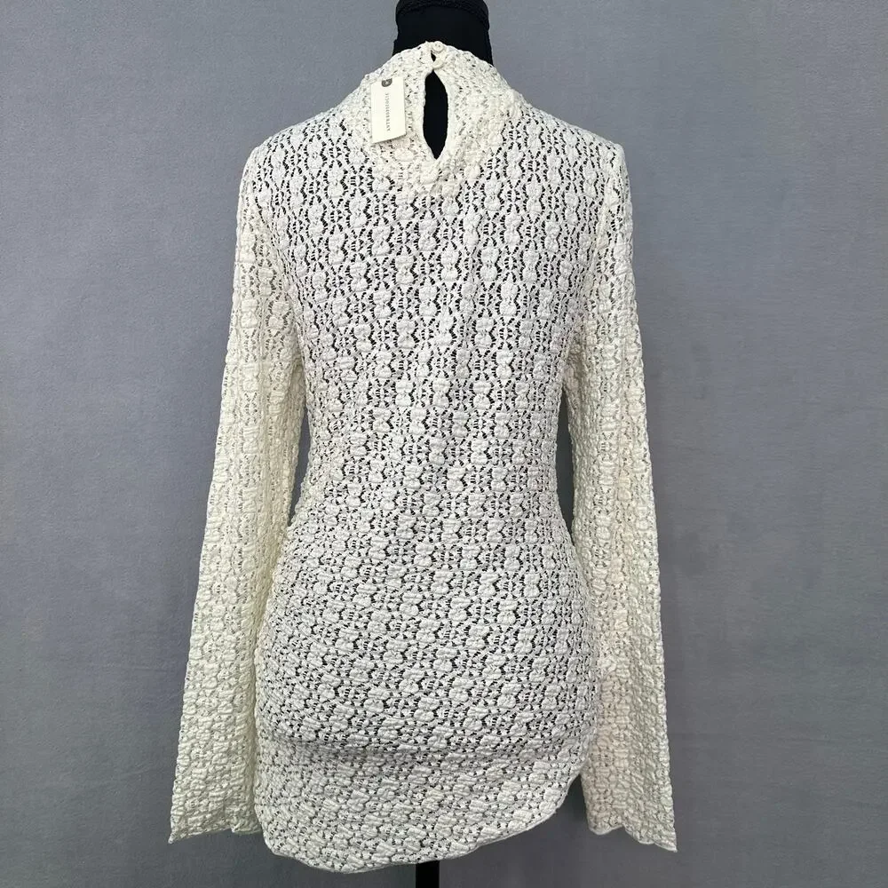 NWT Anthropologie Ivory Smocked Lace Sheer Mock Neck Long Sleeve Top Size M - Picture 6 of 13